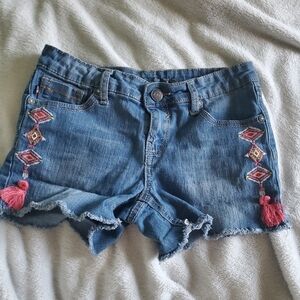 VIGOSS Girls Size 16 Embroidered Blue Cut off Denim Shorts with Tassel Details